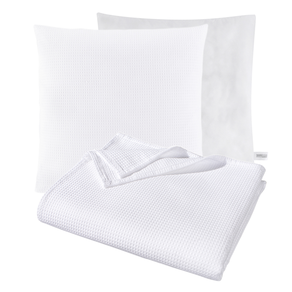 Kissen und Decken Set aus Waffelpiqué 100% Baumwolle Weiß 