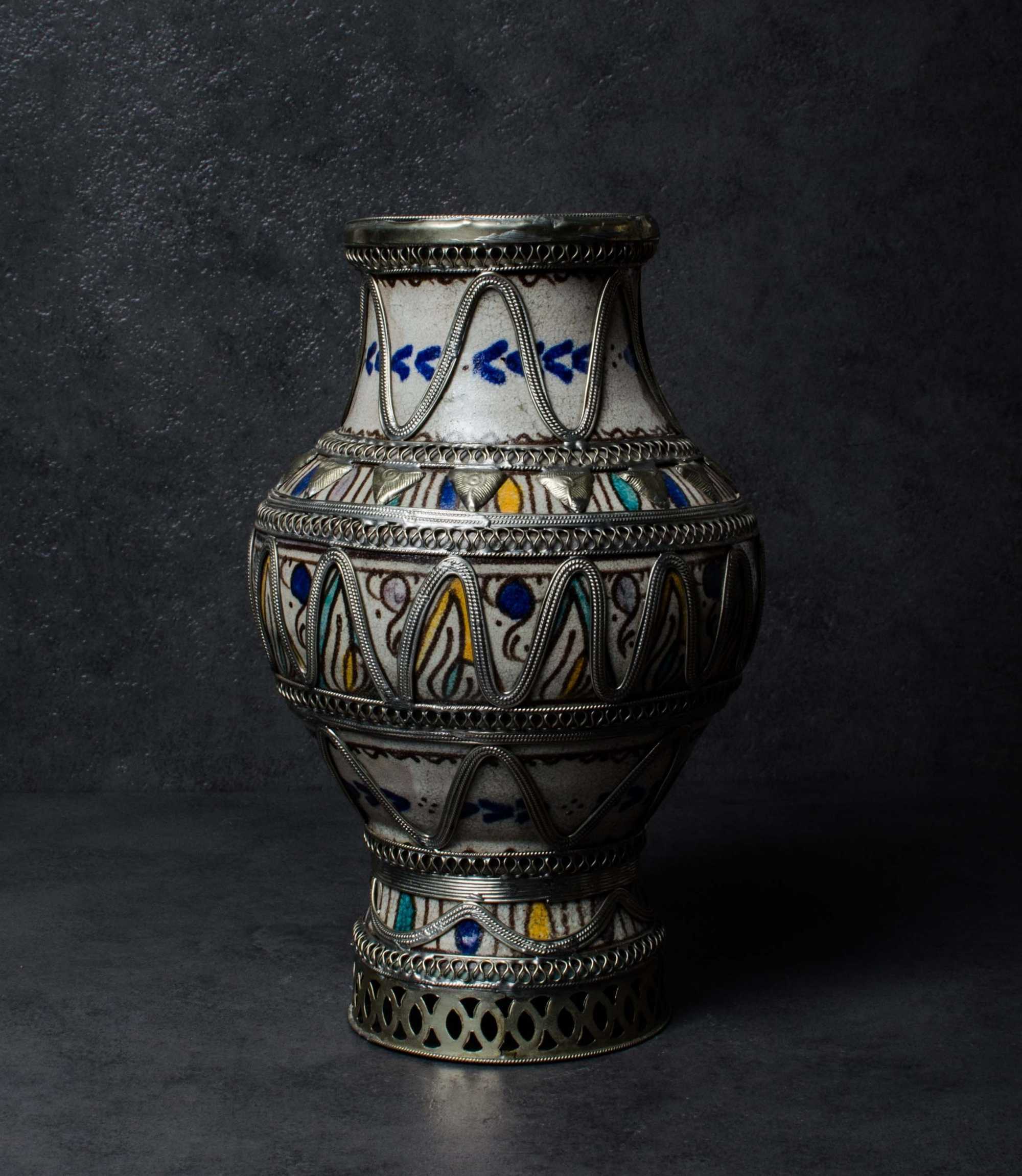 Handbemalte Vintage Vase Metall und Keramik