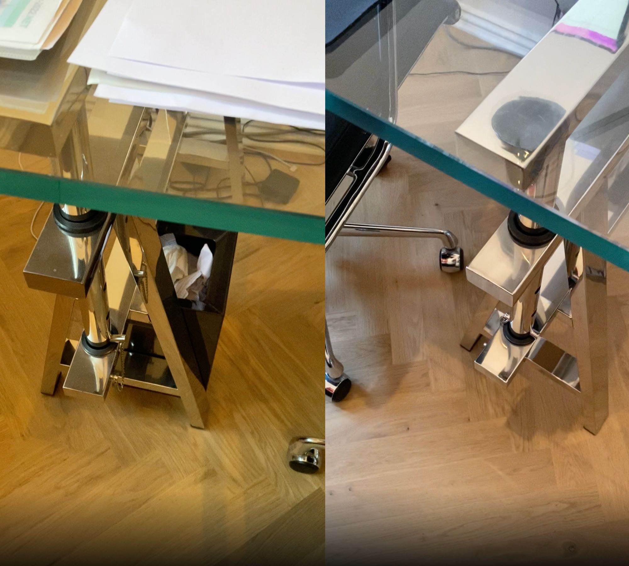 Industrial Sawhorse Schreibtisch aus Glas und Stahl