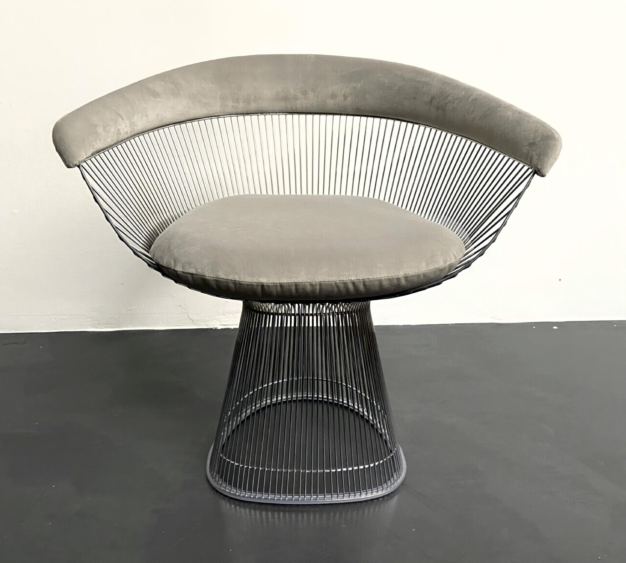 Platner Arm Chair aus Stahl in Silberoptik und Grauem Samt