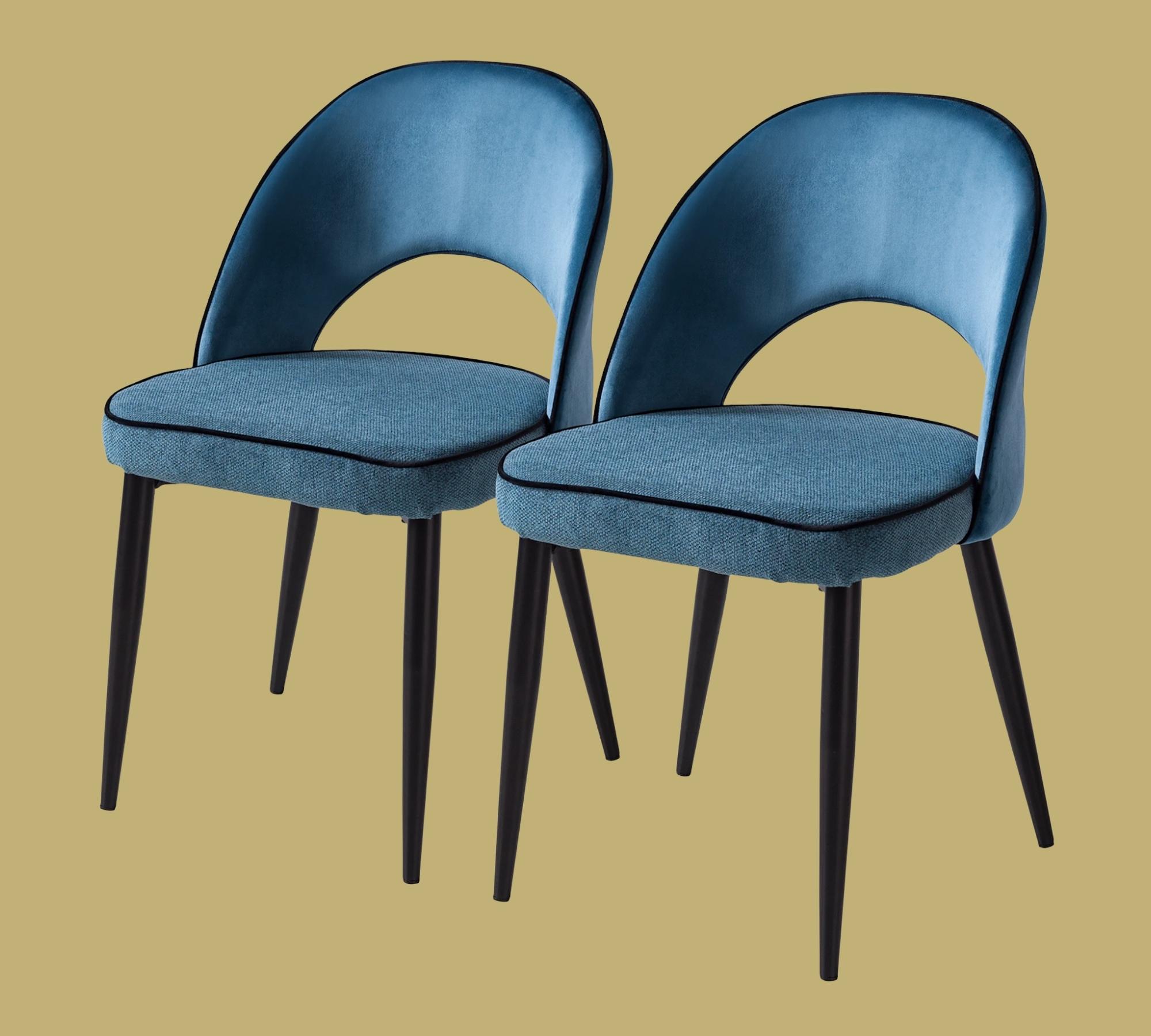 2x Esszimmerstuhl mit Rückenaussparung Samt / Webstoff Blau